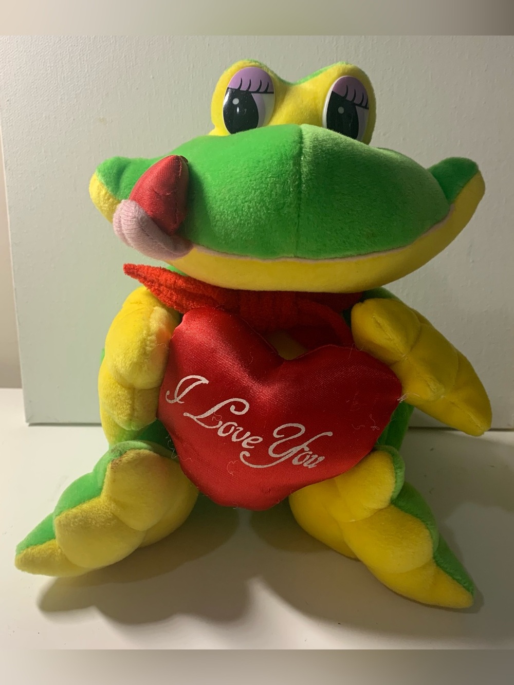Vintage Y2K stuffed animal frog with a red heart with the message "I Love You”